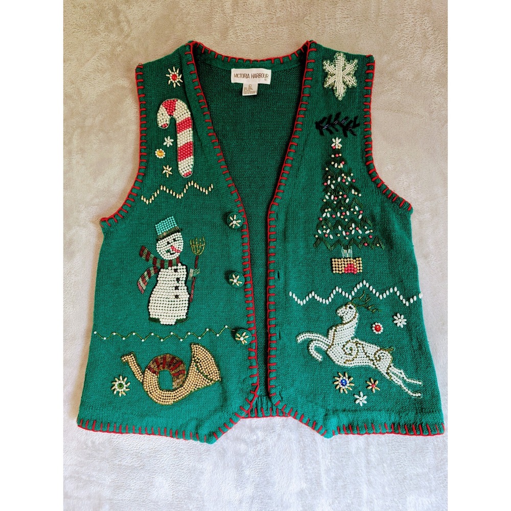 Victoria Harbour Christmas Sweater Button Up Vest Large Green Beads Rhinestones